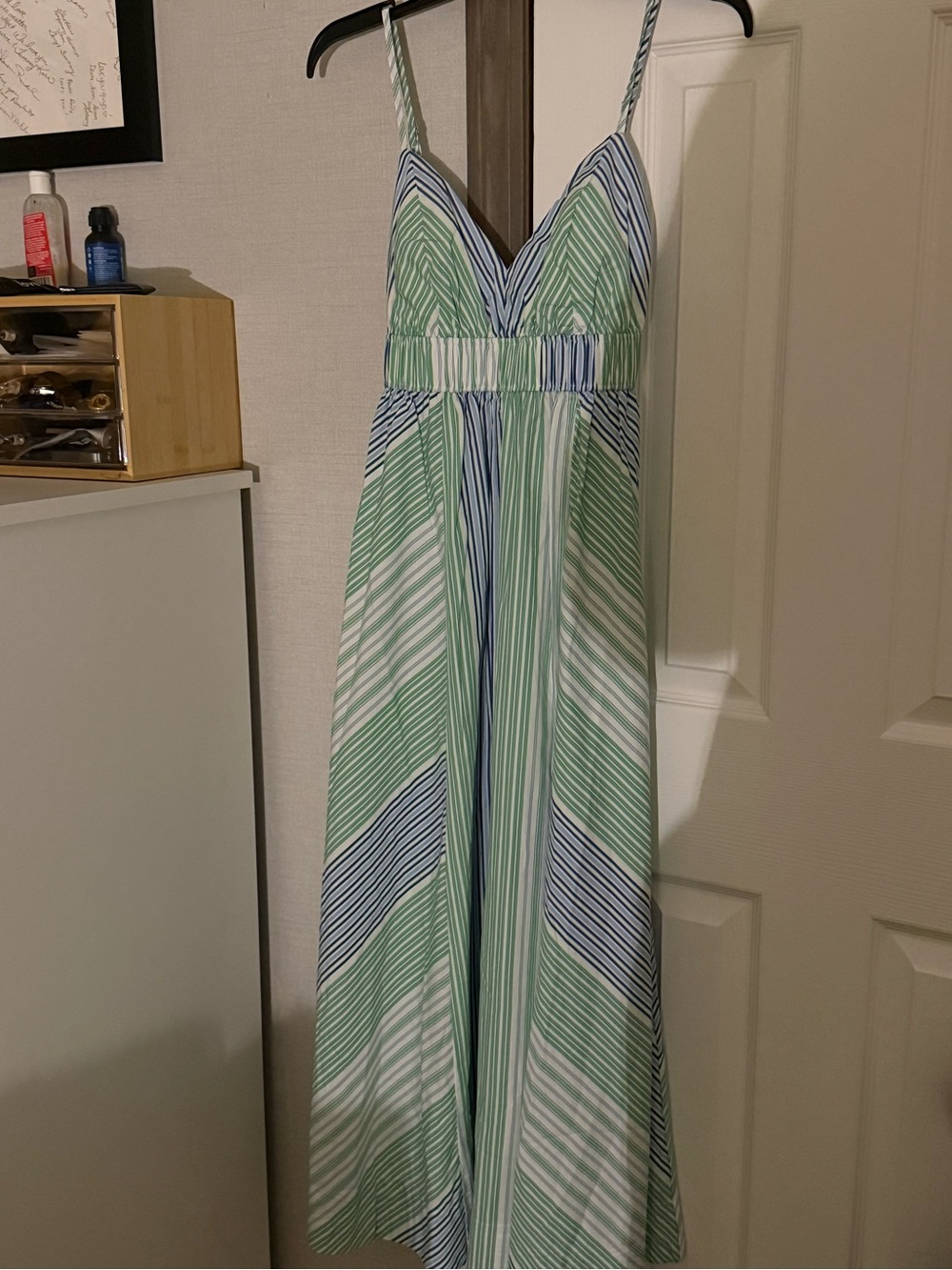 Striped Green & Blue Maxi Dress with V-Neck